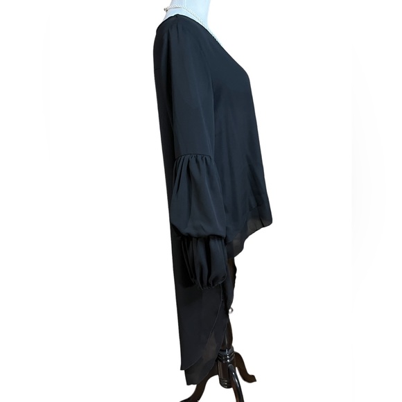 PrettyGarden Black High Low Bubble Sleeve Chiffon Blouse Drama Asymmetrical Top‎ - Picture 3 of 6